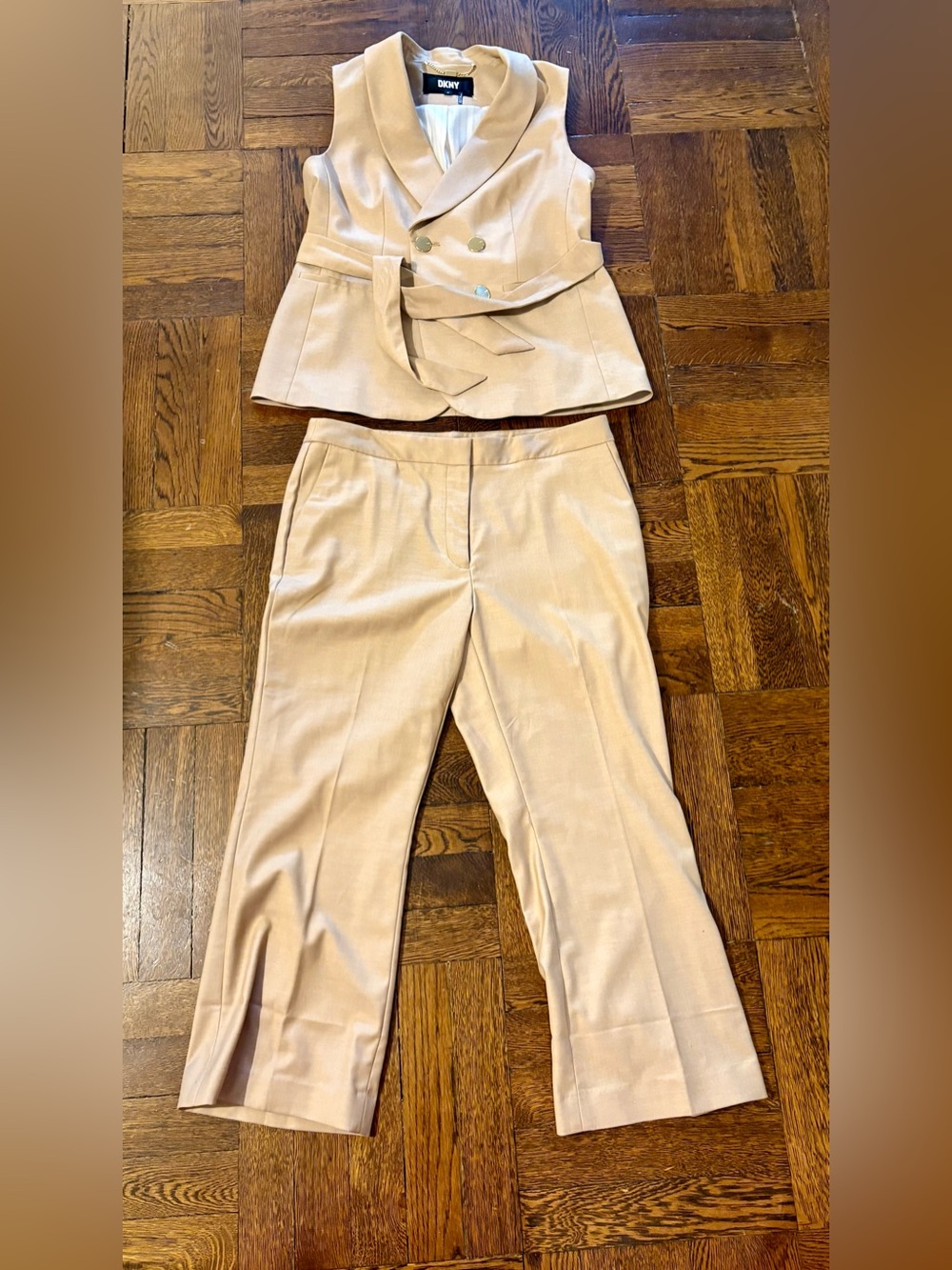 DKNY Light Beige vest with gold buttons and matching pants